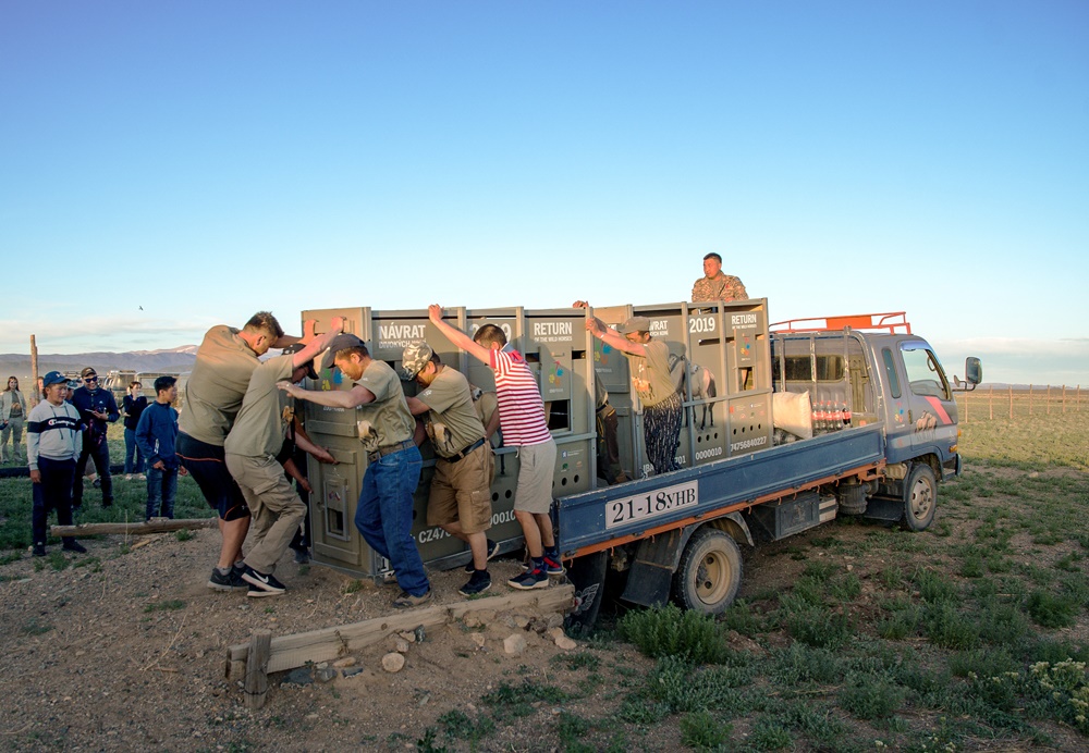 Přesun transportních boxů z nákladních aut. Foto: Jaroslav Šimek