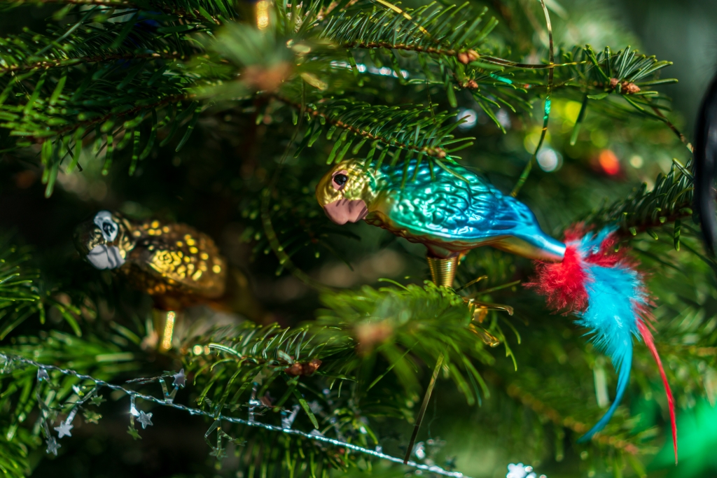 Ručně malované vánoční ozdoby s motivem papoušků. Foto: Khalil Baalbaki
