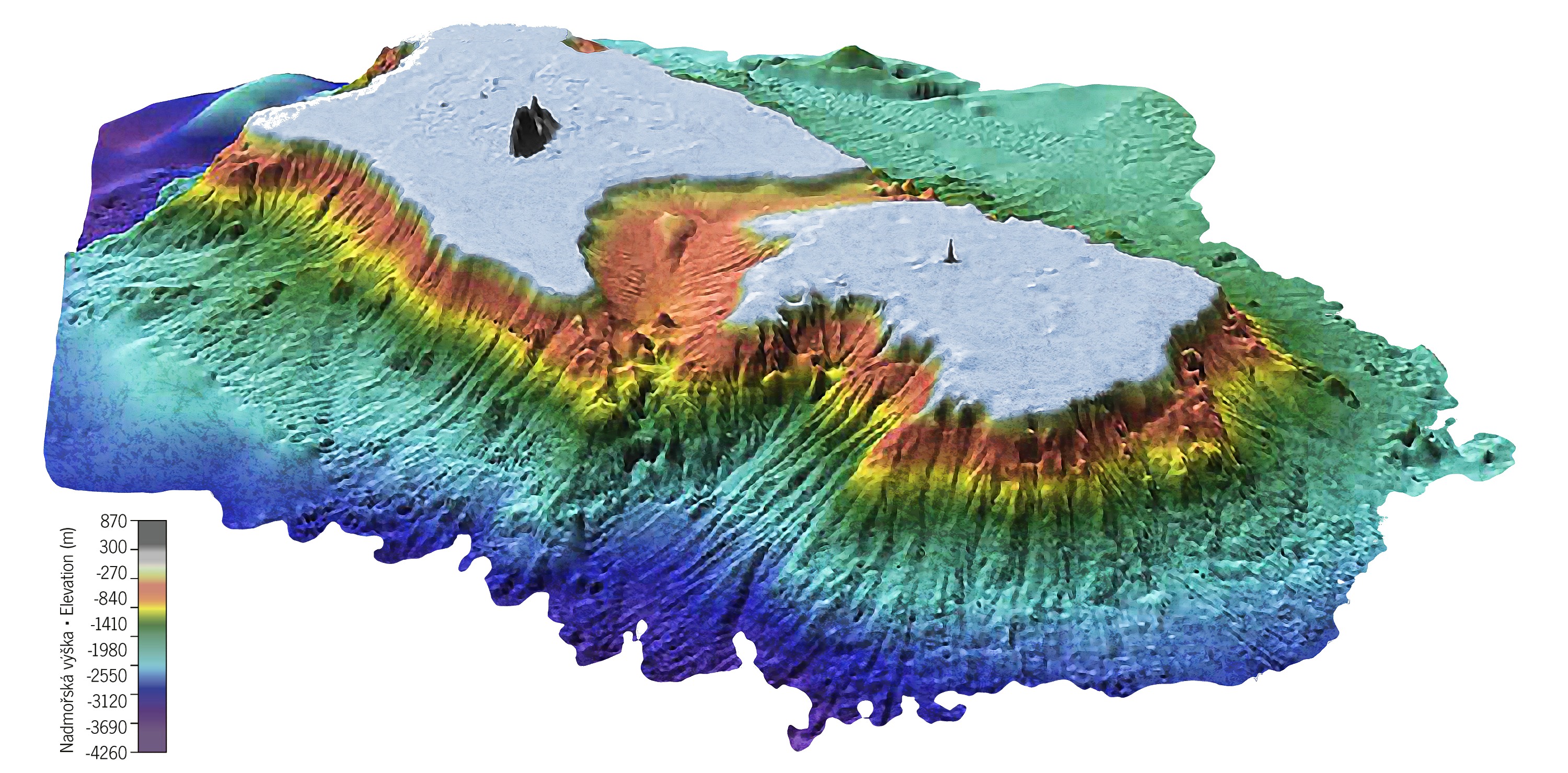 Batymetrická vizualizace reliéfu mořského dna v okolí Ballovy pyramidy a Ostrova lorda Howea. Zdroj: Geoscience Australia